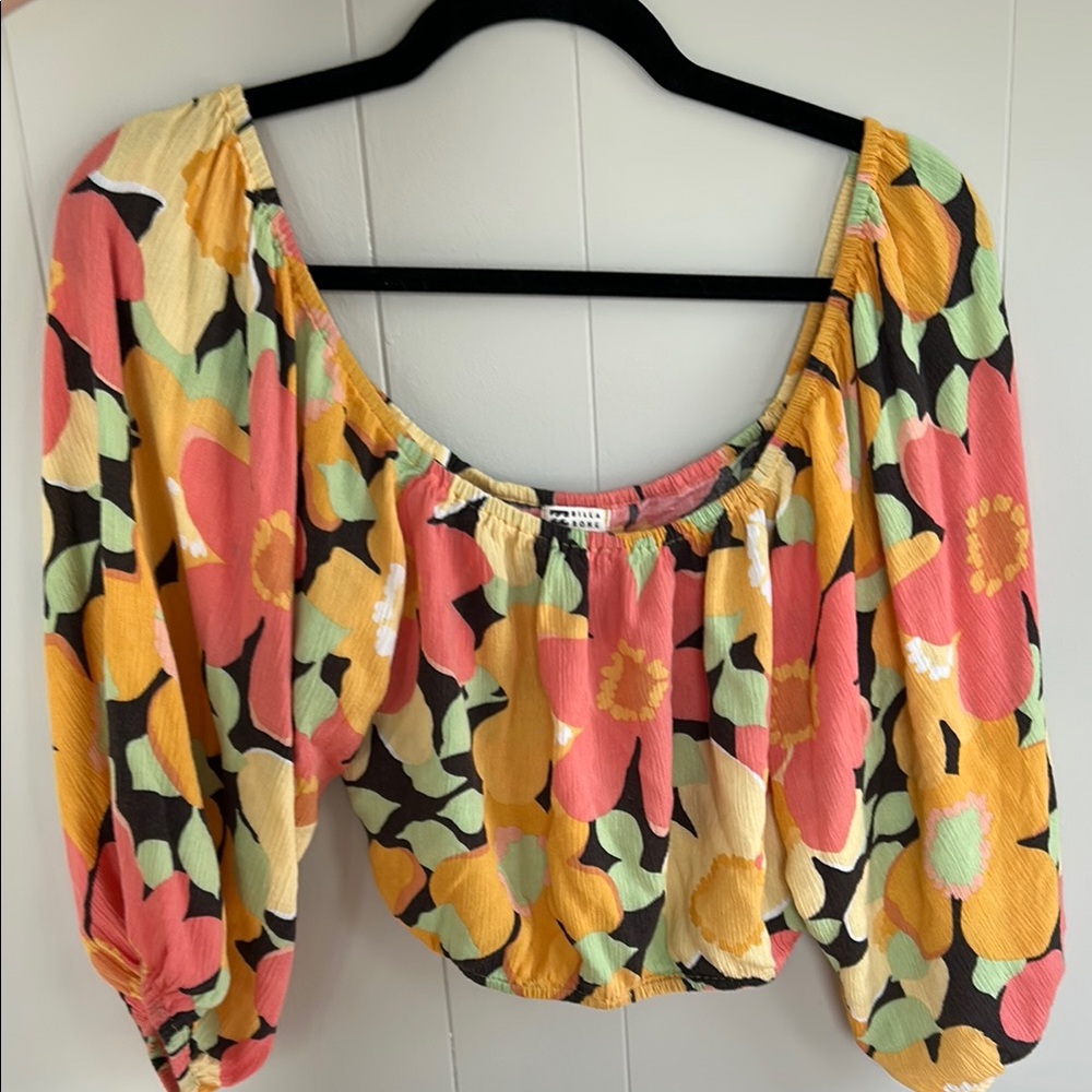 Billabong Pink and Yellow Puff Sleeve Crop Blouse